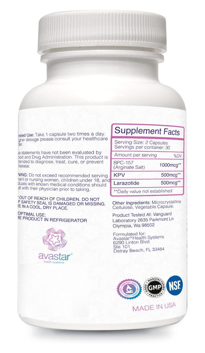 GI Stack supplement facts label — BPC-157, KPV and Larazotide for gut health