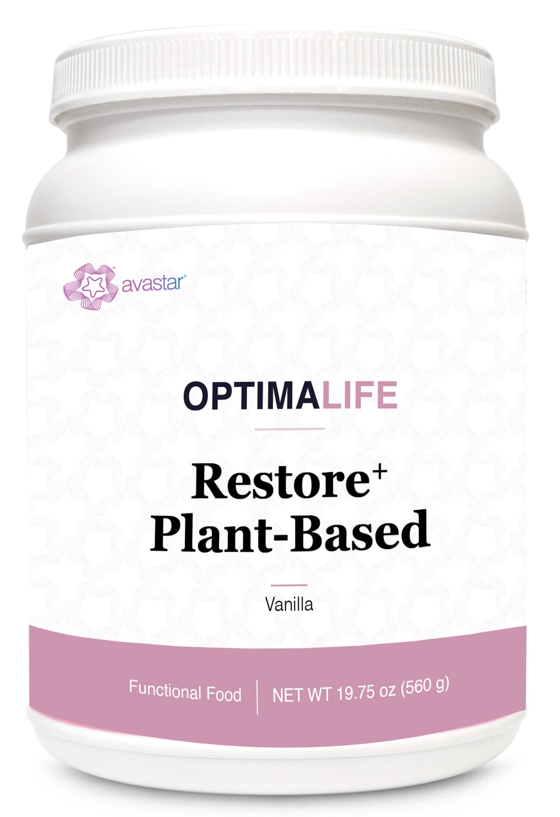 Restore+ Plant-Based vanilla protein container